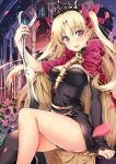  1girl bangs black_dress black_legwear blonde_hair blurry blush body_mahattaya_ginga bow breasts cape cleavage depth_of_field dress earrings ereshkigal_(fate/grand_order) fate/grand_order fate_(series) hair_ribbon jewelry long_hair looking_at_viewer medium_breasts open_mouth red_cape red_eyes red_ribbon ribbon short_dress single_thighhigh sitting spine thigh-highs thighs tohsaka_rin twintails two_side_up wavy_hair 