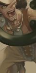  1boy bare_shoulders black_hair blurry collarbone d:&lt; depth_of_field eyebrows facial_hair hat koga long_nose male_focus nose one_piece open_mouth pants shirtless simple_background solo sparks suspenders teeth usopp weapon 