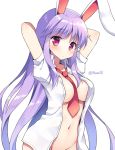  1girl animal_ears arms_up between_breasts blush breasts large_breasts long_hair looking_at_viewer mauve navel necktie necktie_between_breasts no_bra no_panties open_clothes open_shirt purple_hair rabbit_ears red_eyes red_necktie reisen_udongein_inaba shirt short_sleeves simple_background solo touhou very_long_hair white_background white_shirt 