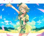  1girl :d armband artist_request beige_gloves belt blonde_hair blue_sky breasts buttons cleavage clouds collarbone cowboy_shot day field fingerless_gloves flower flower_field gloves green_eyes green_hat green_jacket green_skirt hand_on_own_chest hat hat_flower idolmaster idolmaster_cinderella_girls jacket looking_at_viewer medium_breasts open_mouth outdoors petals pleated_skirt round_teeth short_hair short_sleeves sixi_p skirt sky smile solo standing teeth thighs umeki_otoha 