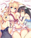  3girls animal_ears artist_name babydoll bare_shoulders black_hair blonde_hair blue_eyes blush breast_press breasts character_name fox_ears frilled_panties frills hair_ribbon konoha_(nozomi_tsubame) large_breasts long_hair looking_at_viewer multiple_girls navel nozomi_tsubame one_eye_closed open_mouth original panties ribbon smile strap_slip suzuha_(nozomi_tsubame) underwear white_panties 