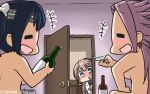  +++ 3girls =_= blue_eyes blue_hair blush bottle choko_(cup) commentary cup dated door drunk earrings hair_ribbon hamu_koutarou headband highres jewelry jun&#039;you_(kantai_collection) kantai_collection kazagumo_(kantai_collection) long_hair magatama_earrings multiple_girls nude open_mouth peeking_out ponytail ribbon sake_bottle souryuu_(kantai_collection) twintails 