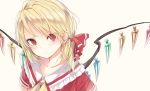  1girl alternate_costume alternate_hairstyle ascot blonde_hair collarbone crystal flandre_scarlet hair_ribbon kojiki-life looking_at_viewer red_eyes red_ribbon ribbon school_uniform simple_background solo touhou upper_body white_background wings 