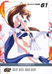  1girl bangs bare_shoulders breasts brown_eyes brown_hair cleavage eyebrows_visible_through_hair fan fatal_fury highres holding holding_fan izumi_mahiru large_breasts long_hair looking_at_viewer ninja official_art pelvic_curtain ponytail queen&#039;s_gate revealing_clothes scan shiranui_mai sideboob simple_background solo the_king_of_fighters 