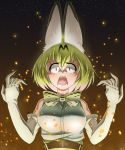  1girl absurdres animal_ears bow bowtie breasts cross-laced_clothes crying crying_with_eyes_open elbow_gloves fangs gloves high-waist_skirt highres kemono_friends looking_at_viewer medium_breasts open_mouth saizu_nitou_gunsou serval_(kemono_friends) serval_ears serval_print shirt skirt sleeveless sleeveless_shirt slit_pupils tears upper_body 