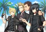  4boys black_clothes black_hair black_jacket blonde_hair blue_eyes brown_eyes brown_hair final_fantasy final_fantasy_xv fingerless_gloves gladiolus_amicitia glasses gloves ignis_scientia jacket male_focus multiple_boys noctis_lucis_caelum one_eye_closed palm_tree prompto_argentum scar tree v yunelala 