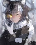  1girl ;) animal_ears bare_tree black_hair black_jacket blazer blurry blurry_background blush collar custom_(cus-tom) depth_of_field fang fang_out fur_collar gloves grey_wolf_(kemono_friends) hair_between_eyes hand_up jacket japari_symbol kemono_friends long_hair long_sleeves looking_at_viewer multicolored_hair nose_blush one_eye_closed outdoors sleeve_cuffs smile snow snowing solo tail tree tsurime two-tone_hair upper_body wavy_hair white_gloves white_hair wolf_ears wolf_tail yellow_eyes 