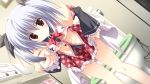  1girl black_bow blush bow dutch_angle expressionless gaku_ou game_cg hair_bow juliet_sleeves knife korie_riko leaning_forward long_sleeves looking_at_viewer mayuzumi_hinayu miniskirt panties panty_pull plaid plaid_skirt pointing_weapon puffy_sleeves red_bow red_eyes red_skirt school_uniform skirt solo standing toilet toilet_paper twintails underwear white_hair white_panties 