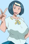  1girl :d alternate_breast_size bangs blue_background blue_eyes blue_shirt blue_skirt bob_cut breasts bright_pupils collarbone cowboy_shot freckles hairband hand_on_hip huge_breasts looking_at_viewer mature milf open_mouth pearl pleated_skirt pokemon pokemon_(anime) pokemon_sm_(anime) raised_eyebrows ribbon ribbon-trimmed_shirt ribbon_trim shirt short_hair short_sleeves simple_background skirt smile solo standing suiren&#039;s_mother_(pokemon) suitekiya2 swept_bangs t-shirt tareme tongue v white_hairband yellow_ribbon 