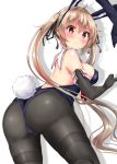  1girl animal_ears ass black_gloves black_legwear blush breasts brown_eyes brown_hair bunny_tail bunnysuit detached_collar elbow_gloves gloves kantai_collection large_breasts long_hair mokufuu murasame_(kantai_collection) pantyhose rabbit_ears simple_background solo tail thighband_pantyhose twintails 