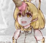  1girl animal_ears blonde_hair bow bowtie cat_ears disco_brando empty_eyes ice_cream_cone kemono_friends photo_background serval_(kemono_friends) serval_ears serval_print short_hair signature sleeveless smoke 