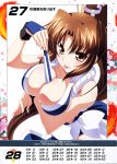  1girl bangs bare_shoulders between_breasts blush breasts brown_eyes brown_hair cleavage eyebrows_visible_through_hair fan fatal_fury highres izumi_mahiru large_breasts long_hair looking_at_viewer ninja official_art ponytail queen&#039;s_gate revealing_clothes scan shiranui_mai simple_background smile solo the_king_of_fighters tongue tongue_out 