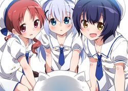  3girls :o angora_rabbit arm_support bangs beret blue_eyes blue_hair blue_necktie blush breasts brown_shoes chimame-tai cleavage collarbone commentary_request downblouse dress eyebrows_visible_through_hair fang gochuumon_wa_usagi_desu_ka? hair_between_eyes hair_ornament hairclip hat highres jouga_maya kafuu_chino kneeling leaning_forward light_blue_hair long_hair looking_at_another mousou_(mousou_temporary) multiple_girls natsu_megumi necktie open_mouth parted_lips pink_eyes puffy_short_sleeves puffy_sleeves rabbit redhead sailor_collar school_uniform shoes short_hair short_sleeves sidelocks simple_background sitting small_breasts sweatdrop tippy_(gochiusa) very_long_hair wariza wavy_hair white_background white_collar white_dress white_hat x_hair_ornament yellow_eyes 