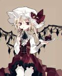  1girl absurdres alternate_costume artist_request ascot blonde_hair bow cake crystal dessert eating flandre_scarlet food fork hat hat_bow hat_ribbon highres long_sleeves mob_cap open_mouth plate red_eyes ribbon side_ponytail touhou upper_body wings 