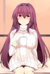  1girl bare_legs blush breasts cup fate/grand_order fate_(series) hair_between_eyes hair_intakes jirou_(tamaho39) large_breasts long_hair long_sleeves looking_at_viewer mug naked_sweater purple_hair red_eyes ribbed_sweater scathach_(fate/grand_order) sitting smile solo sweater 