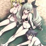 10s 3girls : anchovy arm_support arms_at_sides bangs bare_arms bare_legs bare_shoulders barefoot bikini black_bikini black_hair black_ribbon blonde_hair blush braid breasts breasts_apart brown_eyes carpaccio cellphone cleavage closed_mouth collarbone drill_hair eyebrows_visible_through_hair from_above front-tie_bikini front-tie_top full_body girls_und_panzer green_eyes green_hair grey_bikini groin hair_between_eyes hair_ribbon hand_up holding holding_cellphone holding_phone large_breasts long_hair looking_at_viewer lying medium_breasts midriff multiple_girls nakahira_guy navel on_side open_mouth outdoors pepperoni_(girls_und_panzer) phone ribbon short_hair side-tie_bikini side_braid sideboob sitting smartphone smile swimsuit twin_drills yellow_eyes 