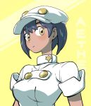  1girl aether_foundation_employee bangs black_hair blush breasts buttons closed_mouth dark_skin gooberman_(kdk5011) hair_between_eyes hat medium_breasts npc pokemon pokemon_(game) pokemon_sm short_hair short_sleeves solo unitard upper_body white_hat yellow_eyes 