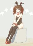  1girl alternate_costume animal_ears bare_shoulders black_legwear black_leotard breasts brown_eyes brown_hair fake_animal_ears full_body hair_between_eyes highres kantai_collection leotard magatama nito_(nshtntr) off_shoulder ryuujou_(kantai_collection) sitting small_breasts smile thigh-highs thighs twintails 