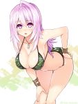  1girl artist_name bikini blush bracelet breasts camouflage camouflage_bikini cleavage collarbone cu-no dog_tags green_bikini hand_on_own_knee hanging_breasts hisenkaede jewelry large_breasts leaning_forward long_hair looking_at_viewer open_mouth original pink_hair simple_background solo swimsuit twitter_username violet_eyes yayoi_sakura 