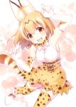  1girl :d animal_ears bare_shoulders blonde_hair blush bow bowtie breasts elbow_gloves eyebrows_visible_through_hair fang gloves gunp kemono_friends looking_at_viewer open_mouth paw_pose serval_(kemono_friends) serval_ears serval_print serval_tail sideboob simple_background sleeveless smile solo sparkle tail thigh-highs white_background yellow_eyes 
