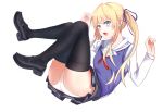  1girl absurdres annnna ass black_legwear blonde_hair blue_eyes fang highres loafers long_hair looking_at_viewer panties saenai_heroine_no_sodatekata sawamura_spencer_eriri school_uniform serafuku shoes skirt smile solo thigh-highs twintails underwear white_background white_panties 