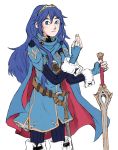  1girl blue_eyes blue_hair crown fire_emblem fire_emblem:_kakusei hair_ornament highres holding holding_sword holding_weapon long_hair looking_at_viewer lucina solo solo_focus sword weapon 