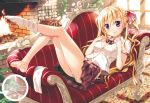  1girl barefoot blonde_hair blush bow bowtie breasts carpet character_request cleavage closed_mouth couch day feet fireplace frilled_bow frills fujima_takuya hair_bow hair_ornament highres indoors leg_up light_rays long_hair looking_at_viewer loose_thighhigh lying medium_breasts navel no_shoes on_couch open_clothes pink_bow plaid plaid_skirt plant purple_hair scan shirt short_sleeves single_sock single_thighhigh skirt smile socks soles solo star star_hair_ornament sunbeam sunlight thigh-highs toes twintails unbuttoned unbuttoned_shirt white_legwear white_shirt 