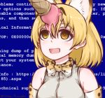  1girl animal_ears blonde_hair blue_background blue_screen_of_death bow bowtie cat_ears disco_brando empty_eyes ice_cream_cone kemono_friends serval_(kemono_friends) serval_ears serval_print short_hair signature sleeveless 