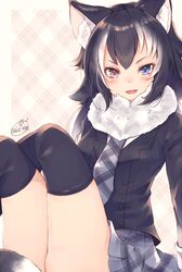  &gt;:d 1girl :d animal_ears black_hair black_jacket black_legwear blue_eyes blush chita_(ketchup) fangs fur_collar grey_wolf_(kemono_friends) heterochromia jacket kemono_friends kneehighs legs_crossed long_hair long_sleeves looking_at_viewer miniskirt multicolored_hair necktie open_mouth parted_lips sitting skirt smile solo striped striped_necktie striped_skirt suit_jacket two-tone_hair violet_eyes white_hair wolf_ears 