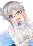  1girl adjusting_glasses black-framed_eyewear blue_eyes breast_hold breasts folded_ponytail glasses grey_hair highres large_breasts long_hair looking_at_viewer masaki_kazusa open_mouth school_girl_strikers semi-rimless_glasses solo teacher tierra-sensei under-rim_glasses water wet wet_clothes 
