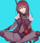  1girl armor blush bodysuit breasts citron_82 fate/grand_order fate_(series) indian_style lance long_hair looking_at_viewer open_mouth polearm purple_bodysuit purple_hair red_eyes scathach_(fate/grand_order) sitting smile solo weapon 
