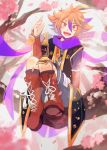  1boy :d aonik armor boots brown_eyes brown_hair cherry_blossoms cross-laced_footwear gotou_toushirou highres in_tree japanese_armor kiwame_(touken_ranbu) kote lace-up_boots male_focus multicolored_hair open_mouth petals scarf shorts sitting smile sode streaked_hair touken_ranbu tree 