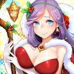  1girl bell bell_earrings blue_eyes breast_hold breasts cape cleavage earrings elbow_gloves emilia_leblanc gloves hairband halftone halftone_background hood jewelry large_breasts league_of_legends mistletoe mistletoe_leblanc purple_hair rangsiwut_sangwatsharakul smile solo sparkle staff upper_body white_gloves 