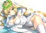  1girl ass blonde_hair blush breasts bridal_veil cleavage detached_sleeves dress elbow_gloves fate/extra fate/extra_ccc fate/grand_order fate_(series) gloves green_eyes large_breasts lock looking_at_viewer lying on_side puffy_detached_sleeves puffy_sleeves riichu saber_bride saber_extra skindentation smile strapless strapless_dress thigh-highs veil white_gloves wreath 