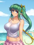  1girl beach blue_eyes breasts collarbone covered_navel daiyousei green_hair hair_ribbon hater_(hatater) highres large_breasts long_hair looking_to_the_side midriff pink_skirt pointy_ears ponytail ribbon skirt smile solo touhou wings yellow_ribbon 