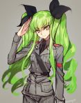  &gt;:3 1girl :3 anchovy anchovy_(cosplay) anzio_military_uniform arm_at_side armband belt black_necktie black_ribbon blush c.c. closed_mouth code_geass cosplay cowboy_shot creayus drill_hair eyebrows_visible_through_hair girls_und_panzer grey_background hair_ribbon head_tilt long_hair long_sleeves looking_at_viewer military military_uniform necktie pocket ribbon salute shiny shiny_hair sidelocks simple_background sketcg smile solo standing tsurime twin_drills twitter_username uniform very_long_hair yellow_eyes 