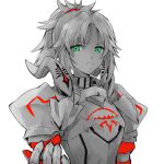  1girl armor citron_82 cowboy_shot fate/apocrypha fate_(series) green_eyes long_hair looking_at_viewer monochrome ponytail saber_of_red solo spot_color upper_body 