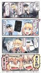  &gt;:d 2girls :3 :d =_= bismarck_(kantai_collection) blonde_hair blue_eyes blush_stickers commentary_request elbow_gloves game_boy gloves hair_between_eyes handheld_game_console hat highres ido_(teketeke) iowa_(kantai_collection) kantai_collection long_hair military military_uniform multiple_girls nintendo open_mouth peaked_cap smile speech_bubble surprised teeth translation_request uniform 