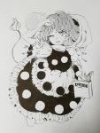  1girl book doremy_sweet dream_soul dress greyscale hajin hat hat_removed headwear_removed missing_limb monochrome multicolored multicolored_clothes multicolored_dress nightcap one_eye_closed open_mouth pom_pom_(clothes) puffy_short_sleeves puffy_sleeves short_hair short_sleeves solo tail touhou 