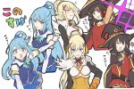  3girls aqua_(konosuba) black_hair blonde_hair blue_eyes blue_hair blush copyright_name darkness_(konosuba) detached_sleeves dress eyepatch hair_ornament hair_rings hat highres kono_subarashii_sekai_ni_shukufuku_wo! long_hair megumin multiple_girls multiple_views nari rectangular_mouth red_eyes short_hair thigh-highs translation_request wavy_mouth witch_hat x_hair_ornament 