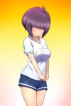  1girl bangs blue_shorts blunt_bangs blush breasts character_request closed_mouth commentary_request cowboy_shot facing_viewer gym_shirt gym_shorts gym_uniform hair_over_eyes large_breasts name_tag own_hands_together picolette_xiii purple_hair ryuuou_no_oshigoto! shirt short_hair short_shorts short_sleeves shorts sidelocks signature solo white_shirt 