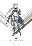  1girl absurdres ash-12.7_(girls_frontline) belt blue_hair boots breasts bullpup character_name cleavage dated detached_pants full_body girls_frontline gun hair_ornament hairclip hand_on_hip highres long_hair looking_at_viewer magazine_pouch medium_breasts reisun001 rifle russia russian_flag smile solo thigh-highs thigh_strap violet_eyes weapon 