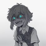  1boy basil_(omori) blue_eyes collared_shirt crying crying_with_eyes_open glowing glowing_eyes greyscale highres monochrome omori open_mouth shirt short_hair short_sleeves shxro524 solo spoilers sweat sweater_vest tears teeth tongue twitter_username upper_body 