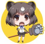  1girl animal_ears bear_ears bear_paws bike_shorts black_shorts blush brown_bear_(kemono_friends) brown_eyes brown_hair chibi eyebrows_visible_through_hair full_body hand_on_hip holding holding_weapon kemono_friends long_sleeves lowres open_mouth shirt short_sleeves shorts solo standing suzuri_(tennenseki) weapon white_shirt 