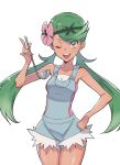  1girl ;d apron bangs bare_shoulders breasts collarbone cropped_legs dark_skin eyebrows_visible_through_hair flower flower_on_head green_eyes green_hair hair_flower hair_ornament hand_on_hip highres hips ladle looking_at_viewer mallow_(pokemon) medium_breasts one_eye_closed open_mouth pink_shirt pokemon pokemon_(game) pokemon_sm shirt simple_background sleeveless sleeveless_shirt smile solo supernew swept_bangs thighs trial_captain twintails white_background 