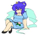  1girl ^_^ belly blue_hair blush breasts cleavage closed_eyes hair_ornament hair_stick kaku_seiga medium_breasts medium_hair plump shawl shoes sitting solo thick_eyebrows touhou white_background yanagitaaaan 