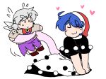  2girls :3 blue_hair blush bow bowtie chibi closed_eyes doremy_sweet dress flying_sweatdrops hat heart jacket kishin_sagume multiple_girls nightcap plump silver_hair single_wing sitting size_difference sweat tail tail_wrap tapir_tail thick_eyebrows touhou wings yanagitaaaan 