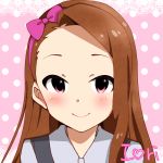  1girl black_vest blush bow brown_hair character_name closed_mouth collared_shirt commentary_request grey_shirt hairband heart idolmaster long_hair looking_at_viewer maa_(io_215) minase_iori pink_background pink_bow pink_eyes pink_hairband polka_dot polka_dot_background portrait shirt smile solo vest wing_collar 