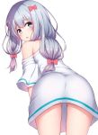  1girl ass bangs bare_shoulders blue_eyes blush bow cowboy_shot eromanga_sensei etan14 eyebrows_visible_through_hair from_behind hair_bow highres izumi_sagiri leaning_forward legs_apart long_hair looking_at_viewer looking_back low-tied_long_hair off-shoulder_shirt off_shoulder open_mouth pink_bow shirt shirt_only short_sleeves sidelocks silver_hair simple_background solo twisted_neck white_background 
