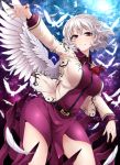  1girl bangs belt bird breasts brooch closed_mouth feathered_wings feathers jacket jewelry kishin_sagume large_breasts light_smile long_skirt long_sleeves nail_polish purple_skirt red_eyes rihito_(usazukin) short_hair single_wing skirt sky solo star_(sky) starry_sky touhou white_hair white_wings wing_collar wings 
